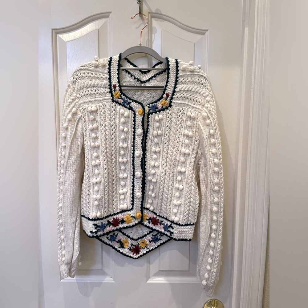Doen-like Vintage 50’s Bavarian Cardigan with 3D Pompoms and Floral Embroidery L - Picture 2 of 7